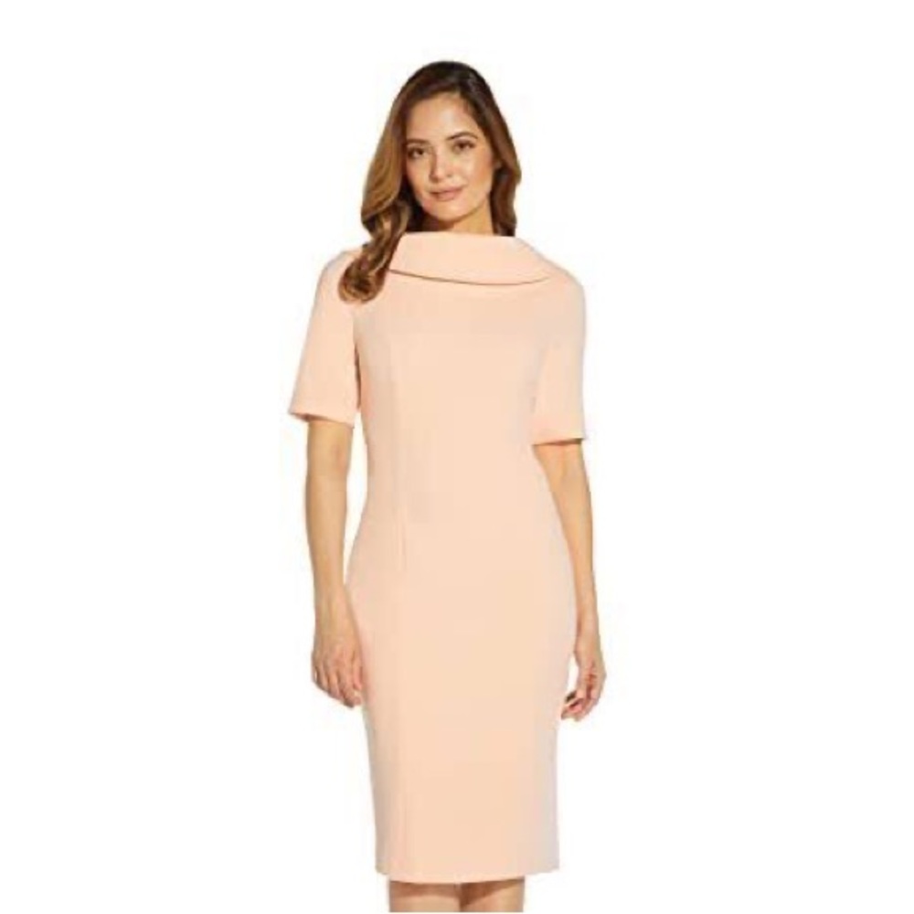 Adrianna Papell V-Back Foldover Collar Short Sleeve Sheath Dress 6 blush color